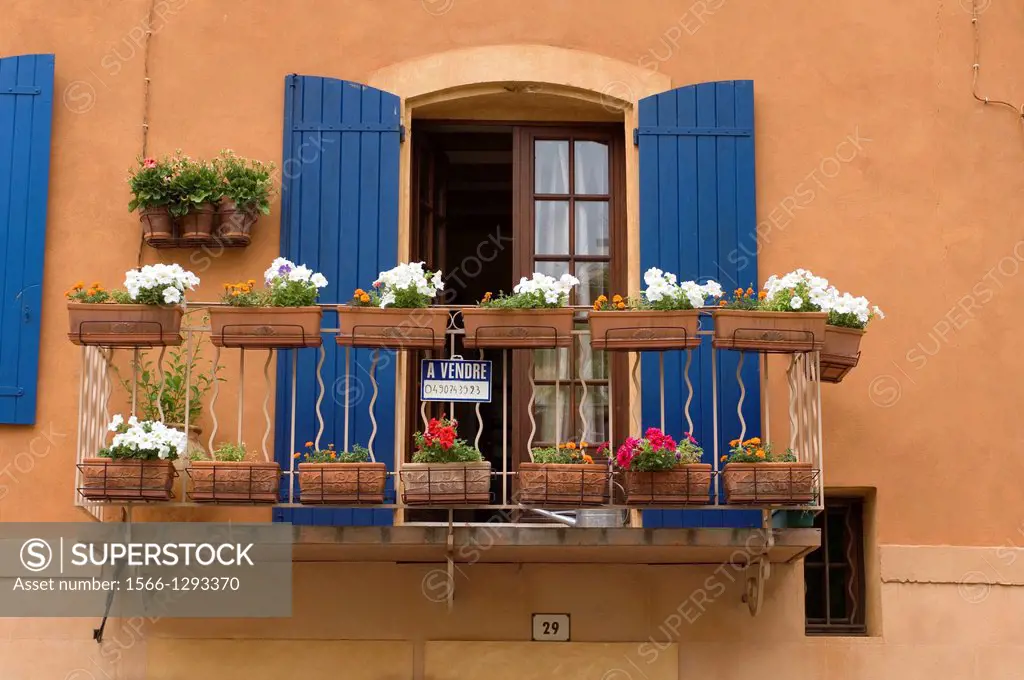 Apt; Balcony; Blue Windowsill; Decorated with Flower Pot; Provence; France.
