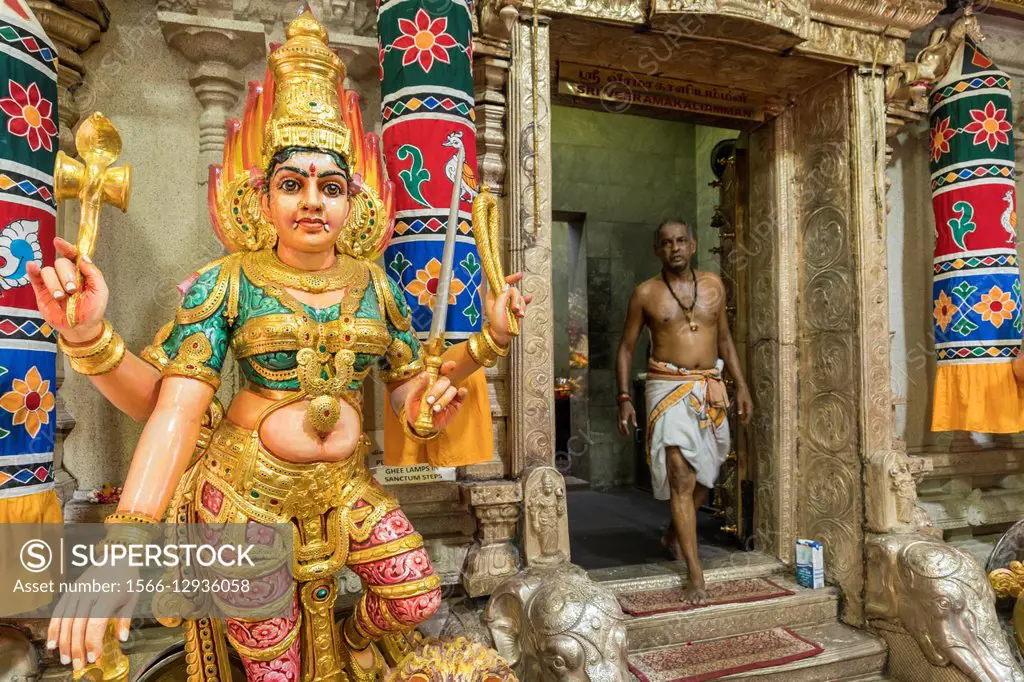 Hindu deity Kali and priest, Sri Veeramakaliamman Hindu temple, Singapore, Asia.