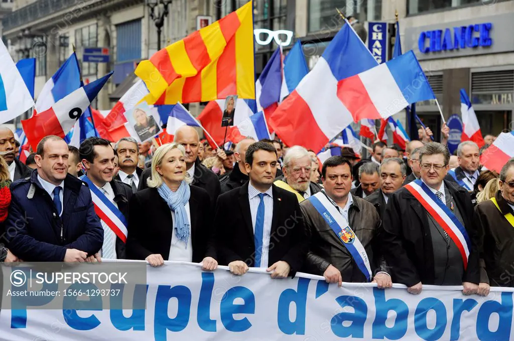 Demonstration of Marine Le Pen,France's Front National leader in the traditional Jeanne d'Arc march,1 th may 2013 in Paris,France,Europe.Marine Le Pen...
