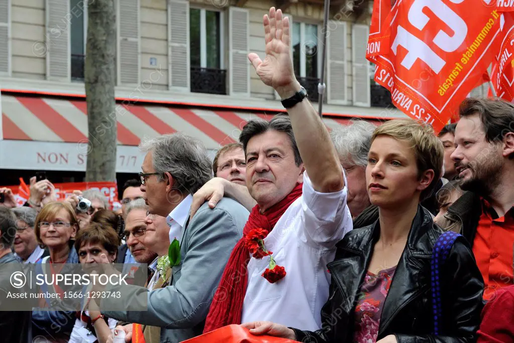 Jean Luc Melanchon leader of Front de Gauche left wing party gives a speech in Paris Bastille on 5 th may 2013 during a demonstration called by him to...