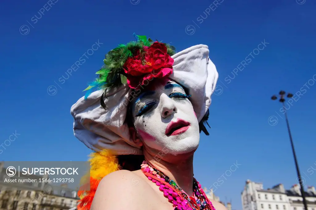 Homosexual man dressed up in a beautiful costume in Gay Pride Parade in Paris,France,Europe.