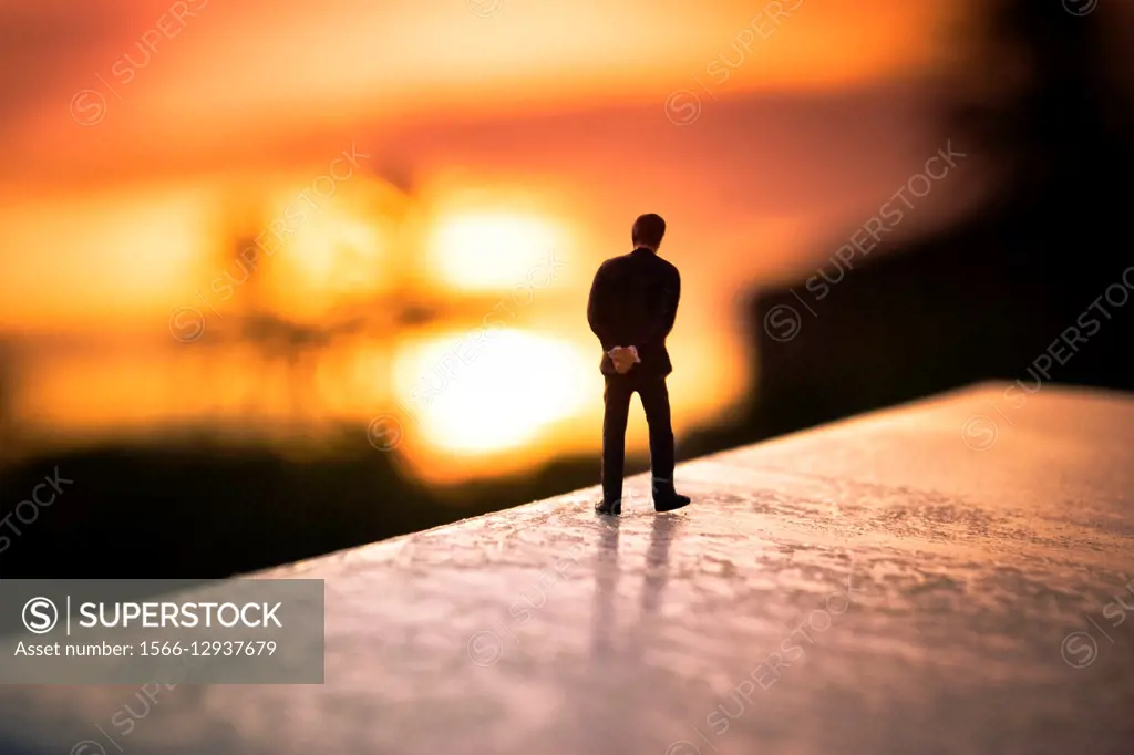 One man back watching a blurred landscape at sunset. Businessman figurine, toy man, silhouette.