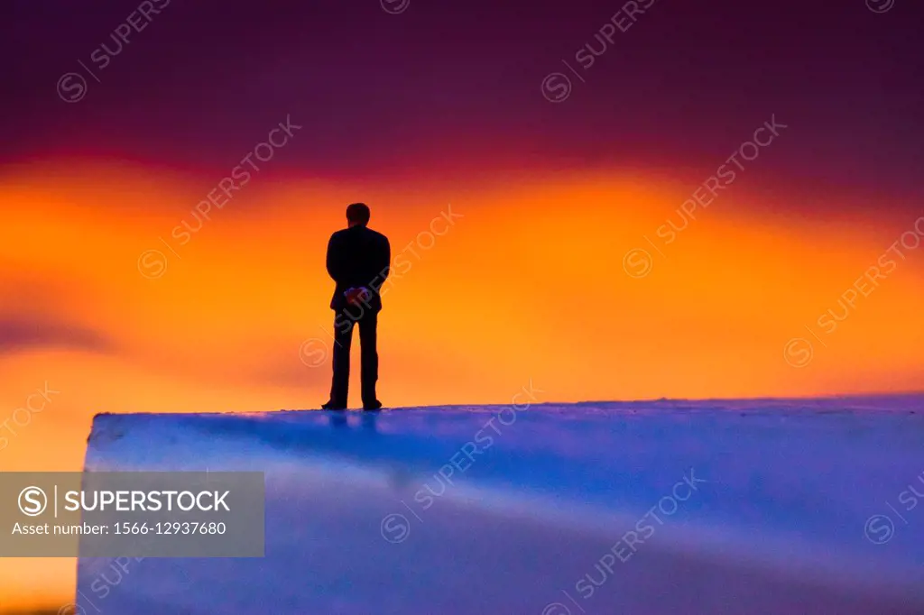 One man back watching a blurred sky at sunset. Businessman figurine, toy man, silhouette.
