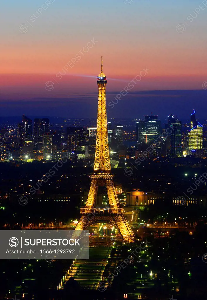 Aerial view of Paris by dusk. Illuminated Eiffel tower in Paris,France,Europe.