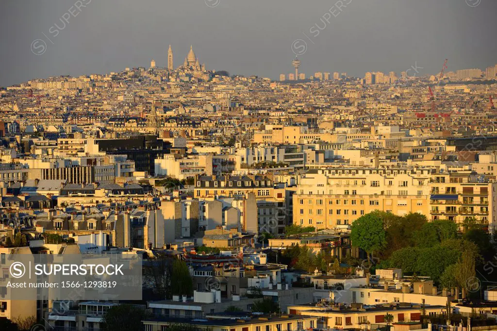 View of west of Paris with the Sacré Coeur in the background in Paris, France, Europe.