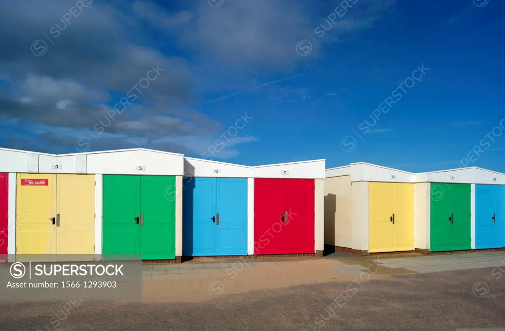 UK, England, Devon, Exmouth beach hut terrace.