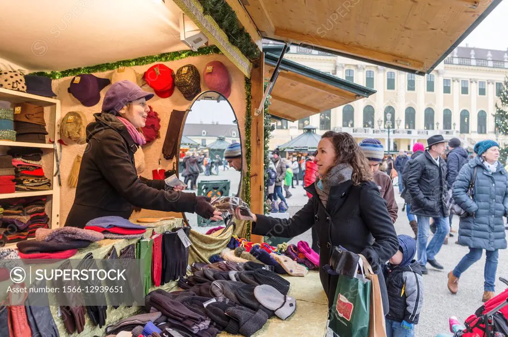 Stand at the Christmas market in Schönbrunn Palace, Vienna, Austria.