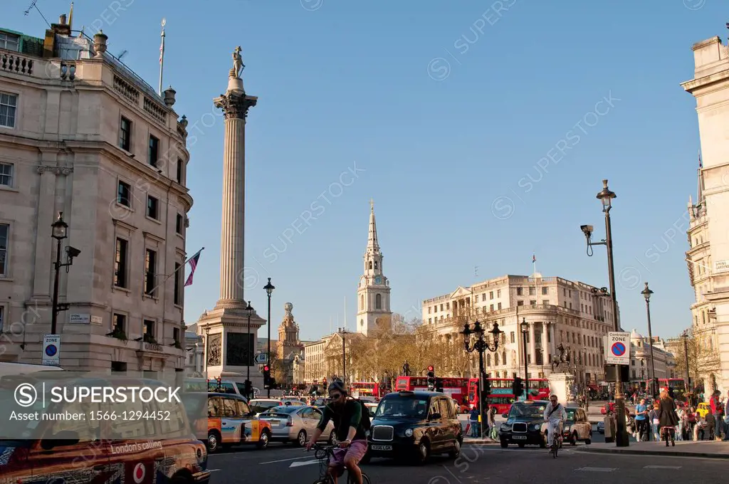Trafalgar Square traffic, London, UK.