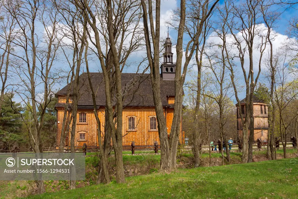 18th-century timber church with a belfry from Drazdzewo village in Museum of the Mazovian Countryside in Sierpc, Poland.