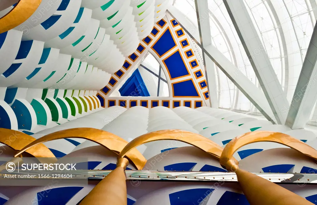 Interior of pillars abstract in the worlds only 7 star hotel the Burj Al Arab in Dubai in UAE where the economy and money is thriving in the United Ar...