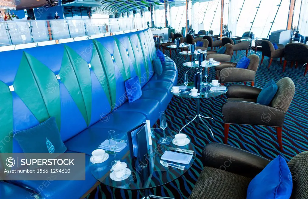 Interior of top floor restaurant at worlds only 7 star hotel the Burj Al Arab in Dubai in UAE where the economy and money is thriving in the United Ar...
