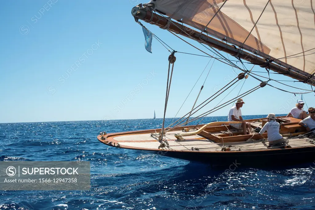 Vintage sailing boat in a race, at the Mediterranean Sea. Menorca. Baleares, Spain, Europe