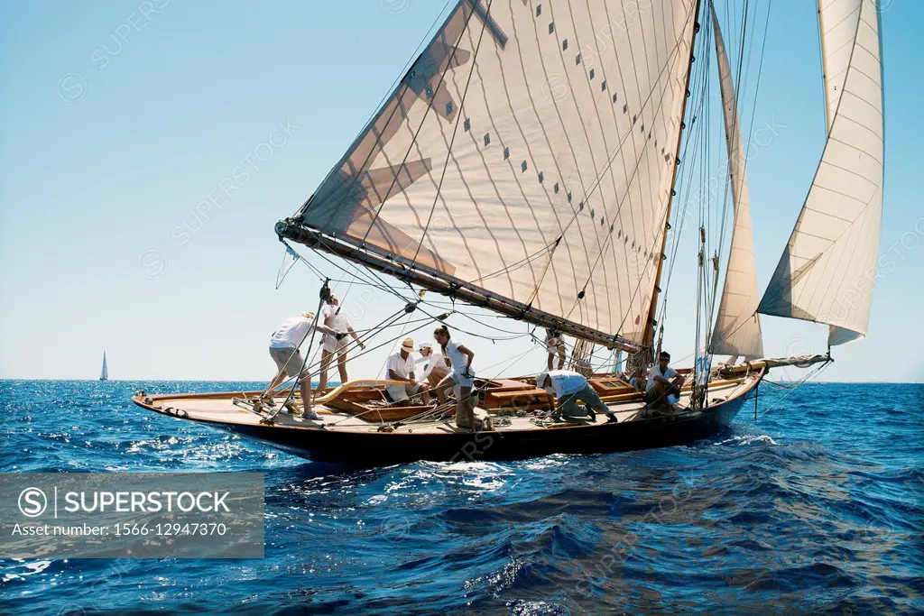 Vintage sailing boat in a race, at the Mediterranean Sea. Menorca. Baleares, Spain, Europe