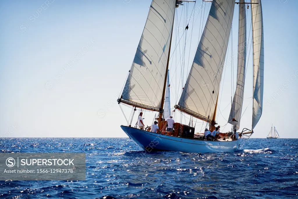 Vintage sailing boat in a race, at the Mediterranean Sea. Menorca. Baleares, Spain, Europe