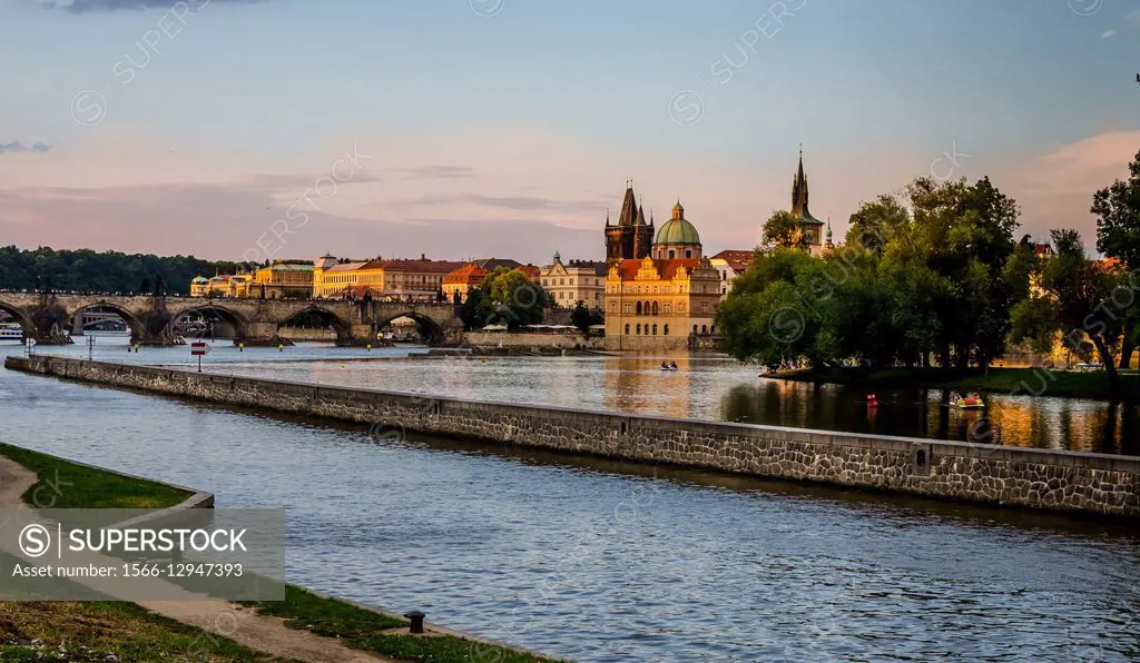 Sunset on Vltava river in Prague, Czech Republic