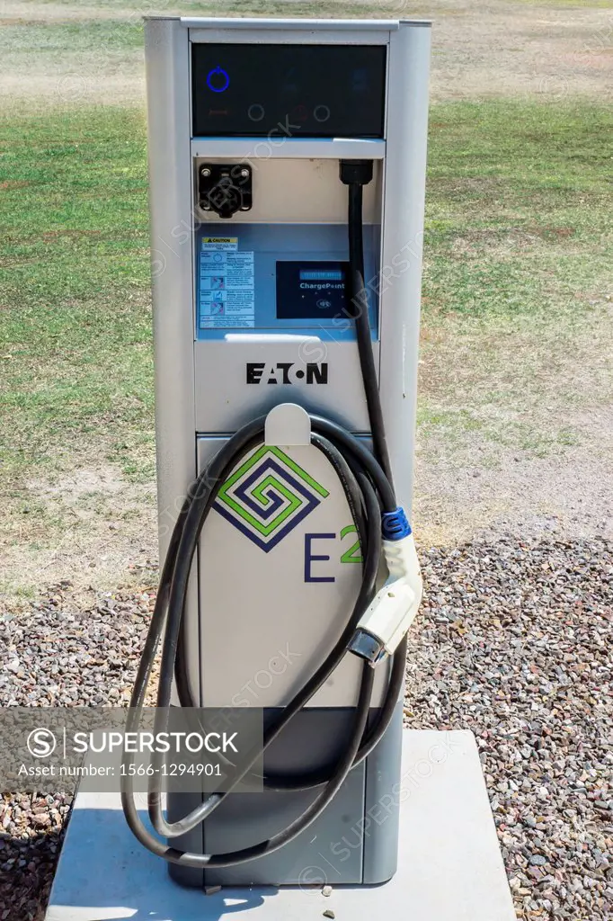 Oracle, Arizona USA- A charging station for electric vehicles at the Biosphere 2 science facility. Faster recharging is needed to increase the feasibi...