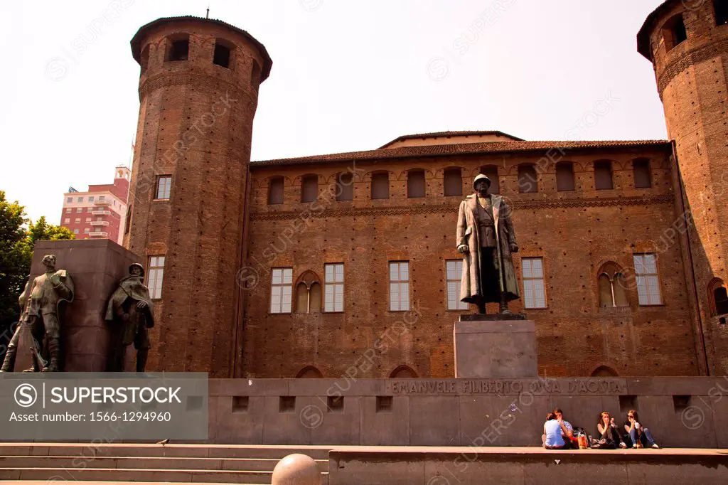 The Emanuele Filiberto Duca D'Aosta memorial in Pizza Castello that commemorates the deeds of the Italian General during World War One. Turin Italy.