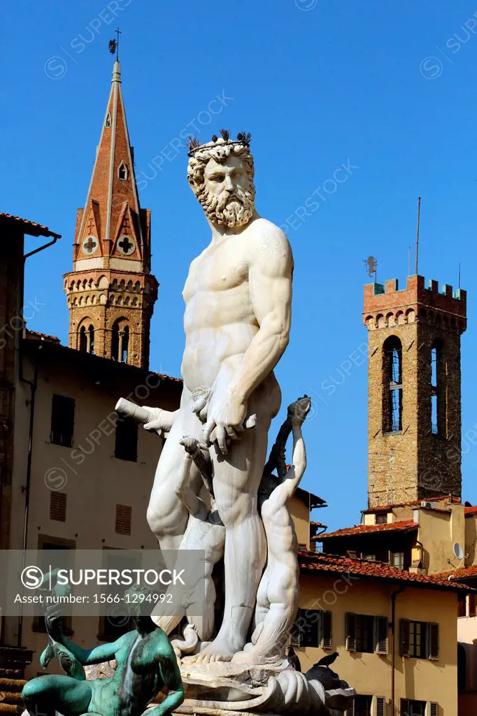 Statue of Neptune - Fontana di Nettuno, in Piazza della Signoria Florence Italy. It was scuptured by Ammannati in 1575.