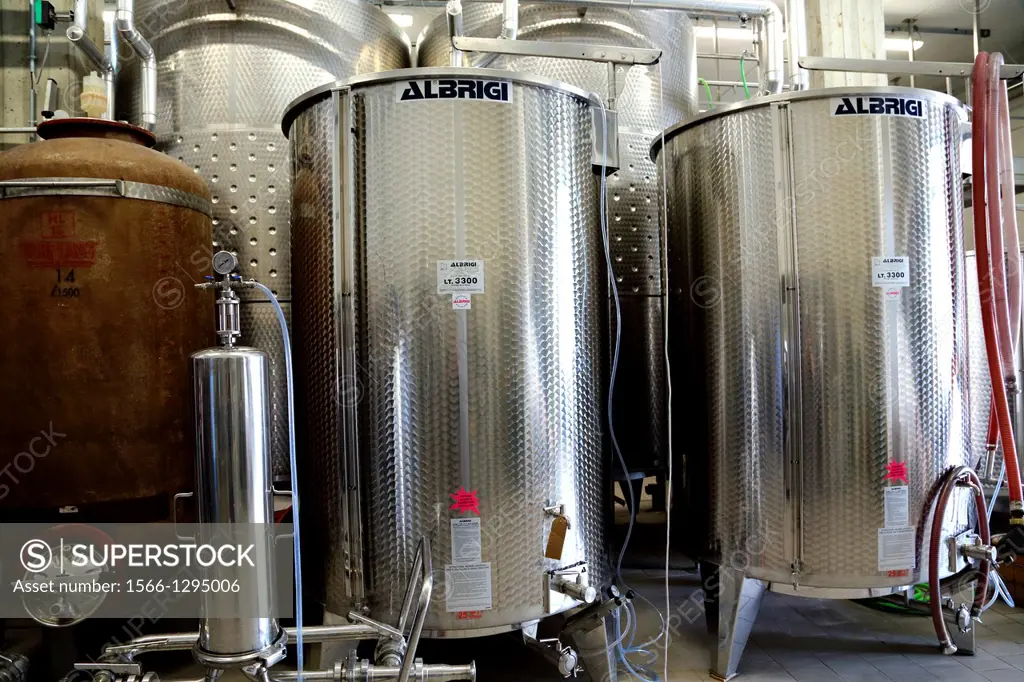 Stainless steel containers used in wine production in Italy.
