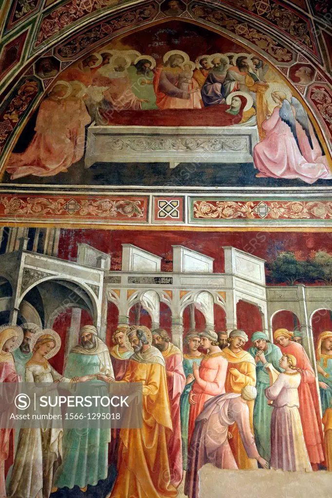 The fresco ""Wedding of Mary"" by Lorenzo Monaco in the Salimbeni Chapel of the Chiesa di Santa Trinita in Florence Italy.