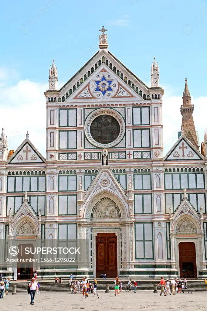 The marble front of the Basilica Santa Croce in Florence Italy.