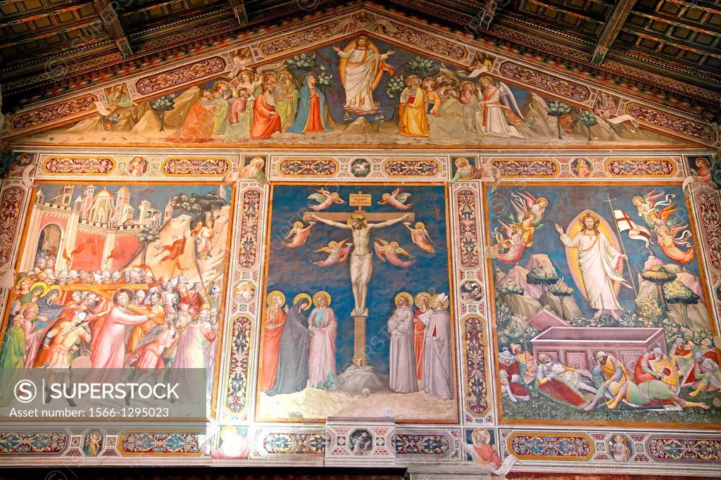 The Crucifixion by Taddeo Gaddi. Fresco in the Sacristy Basilica of Santa Croce Florence Italy.