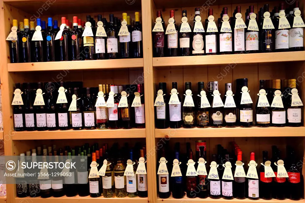 Bottles of wine on display in Florence Italy.