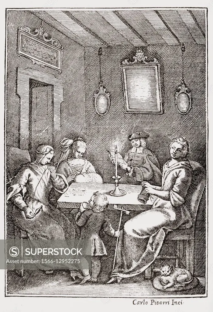 Frontspiece of the 1742 Bolognese edition of The Pentamerone of Giambattista Basile showing the Chiaqlira reading the tales to a sewing party.