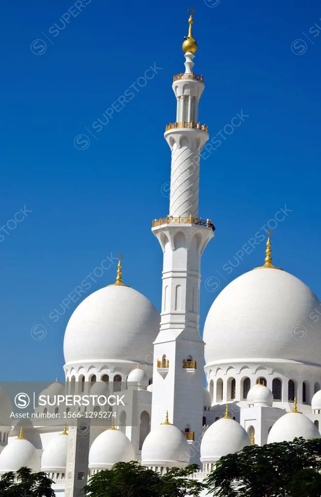 The beautiful white Sheikh Zayed Grand Mosque in Abu Dhabi in the UAE the worlds 8th largest Muslim mosque in the world in United Arab Emirates.