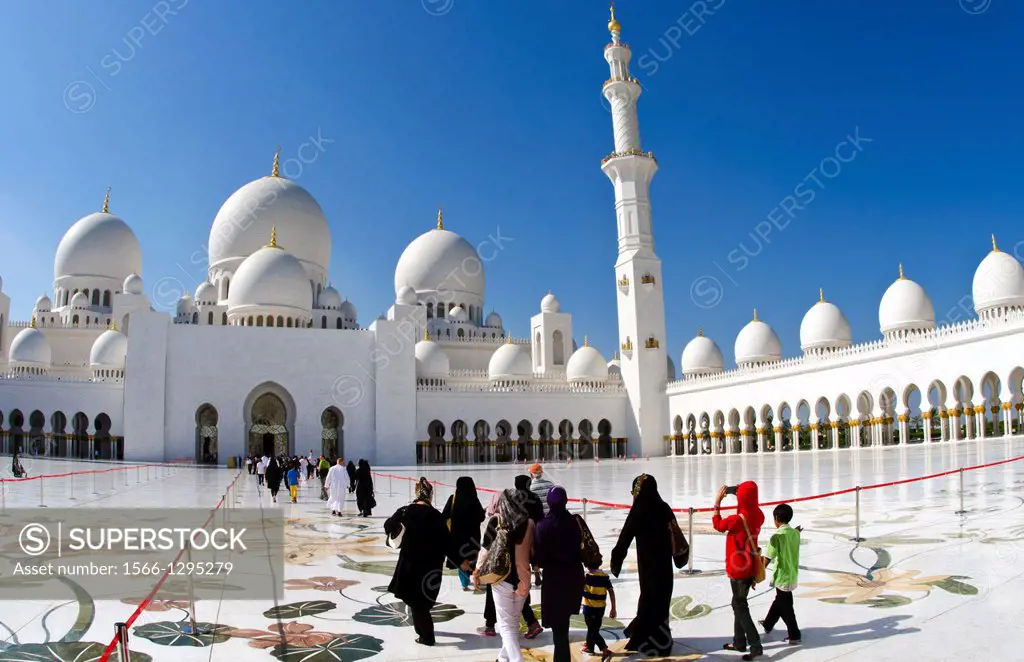 The beautiful interior of the white Sheikh Zayed Grand Mosque in Abu Dhabi in the UAE the worlds 8th largest Muslim mosque in the world with Muslim to...