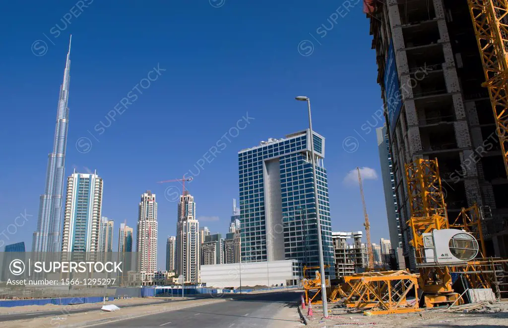 Construction and new skyline of amazing Dubai UAE with the world's tallest building Burj Khalifa at 2722 feet and 162 stories in thriving new United A...