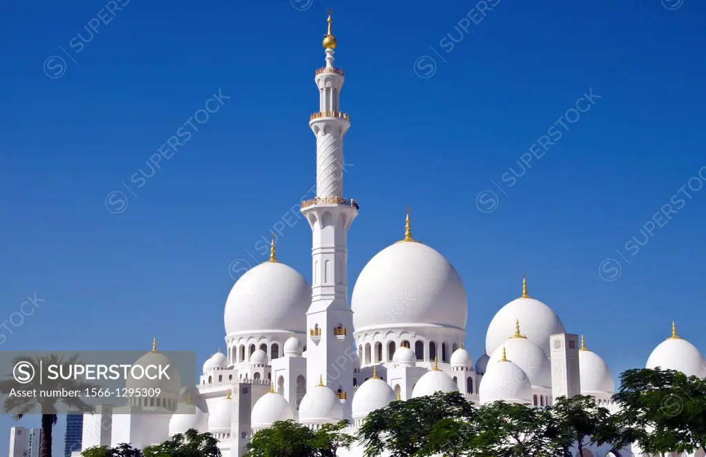 The beautiful white Sheikh Zayed Grand Mosque in Abu Dhabi in the UAE the worlds 8th largest Muslim mosque in the world in United Arab Emirates.