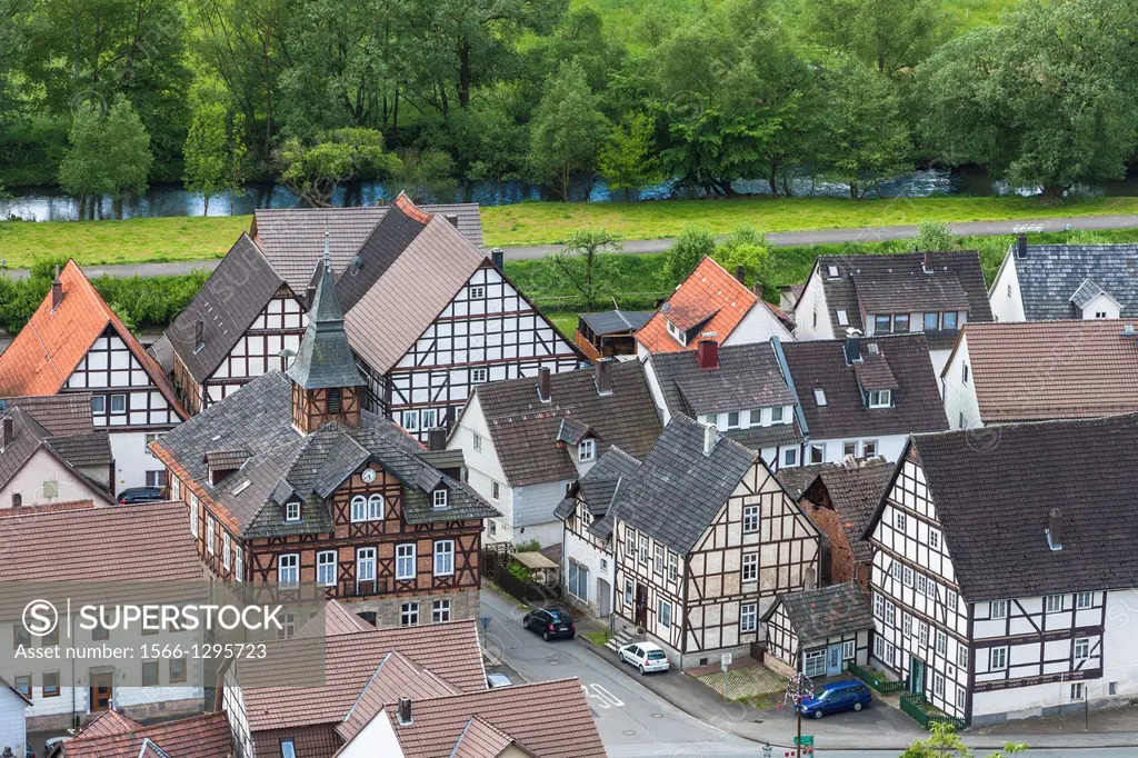 Aerial view of Helmarhausen, a suburb of Bad Karlshafen, Hesse, Germany, Europe