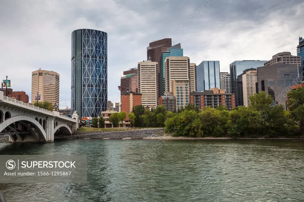 Skyline of Calgary with Bow Tower and Centre Street Bridge in Alberta, Canada