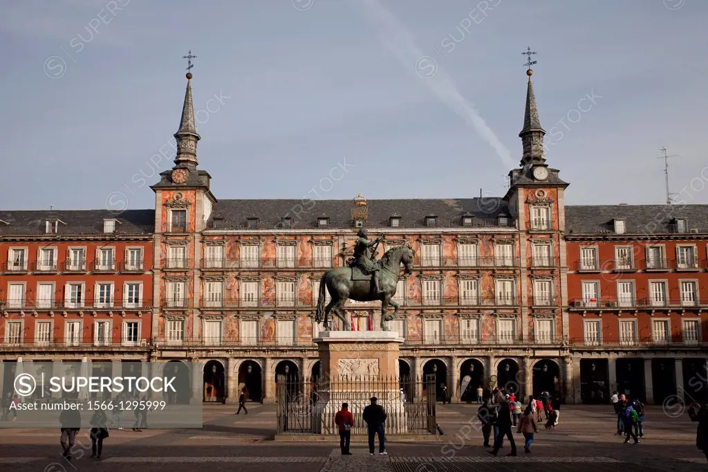 bronze statue of King Philip III at the center of the square Plaza Mayor, Madrid, Spain, Europe.