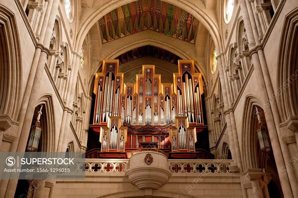 church organ inside the catholic Almudena Cathedral Santa Maria la Real de La Almudena in Madrid, Spain, Europe.