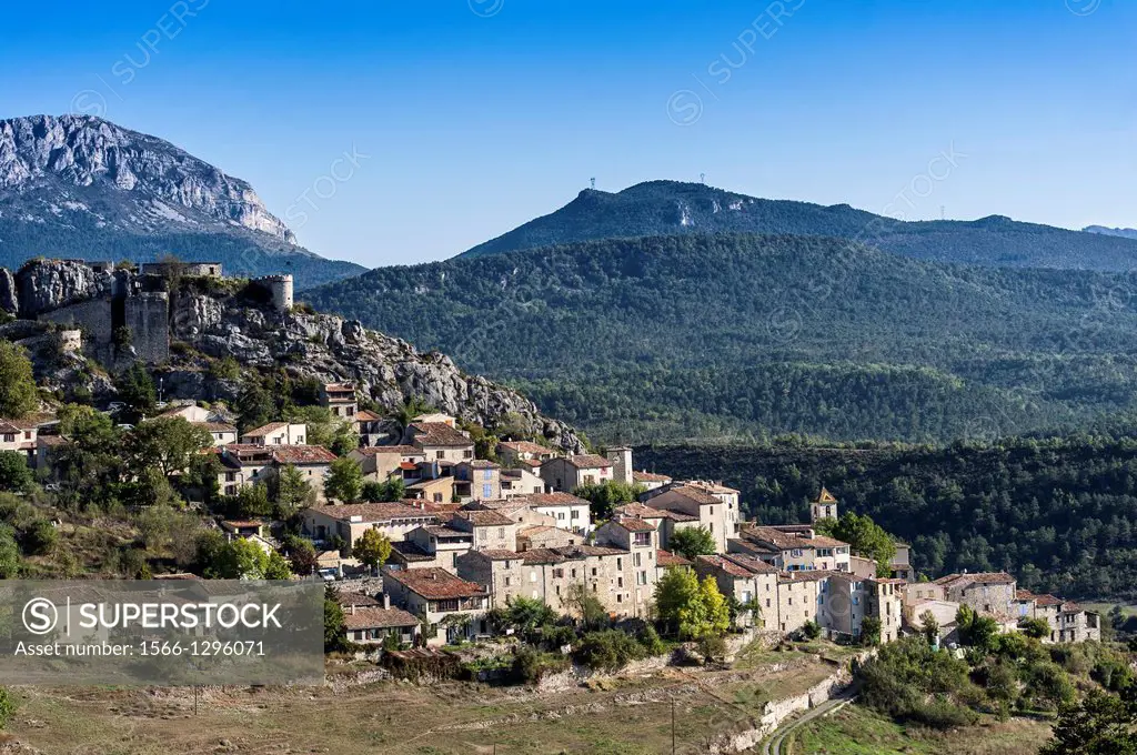 Europe, France, Var, Regional Natural Park of Verdon, Trigance. Overlooking the village and medieval castle converted into a hotel and restaurant.