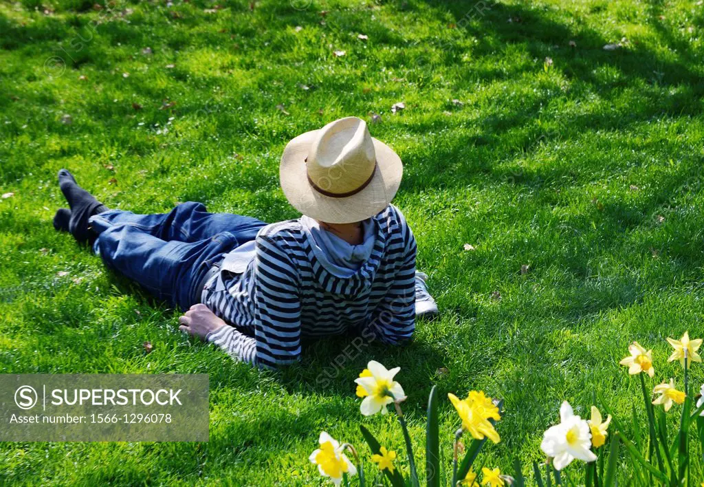 young man laying, resting in the grass, recreation area, Perle du Lac Parc on the shore of Geneva Lake, Geneva, Lac Leman, Switzerland