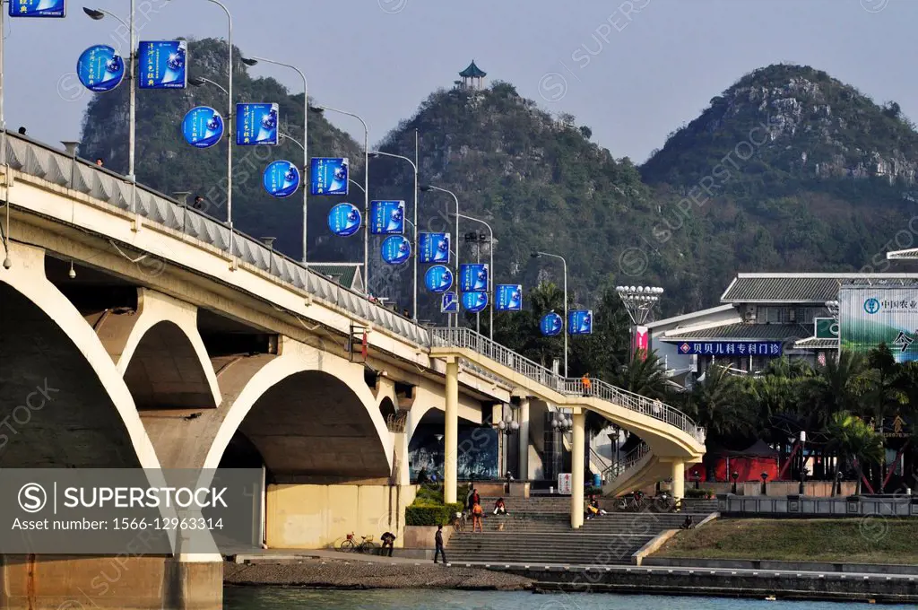 Guilin, China, bridge across the Li River ...