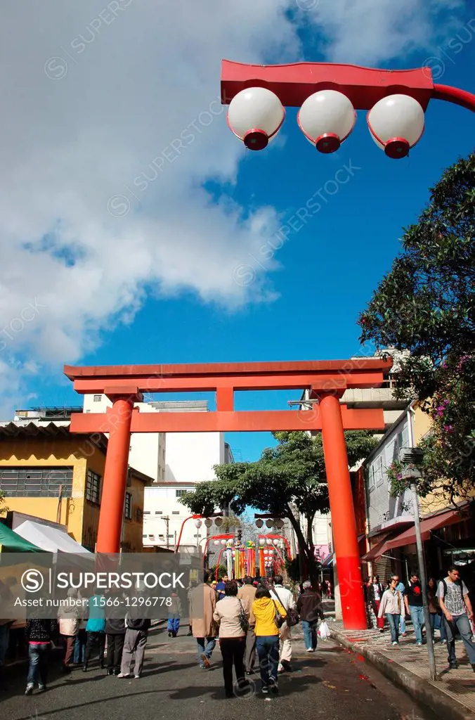 Sío Paulo, Brazil, Torii arch at the entrance of the Asian neighborhood of Liberdade, during the Japanese festival of Tanabata Matsuri
