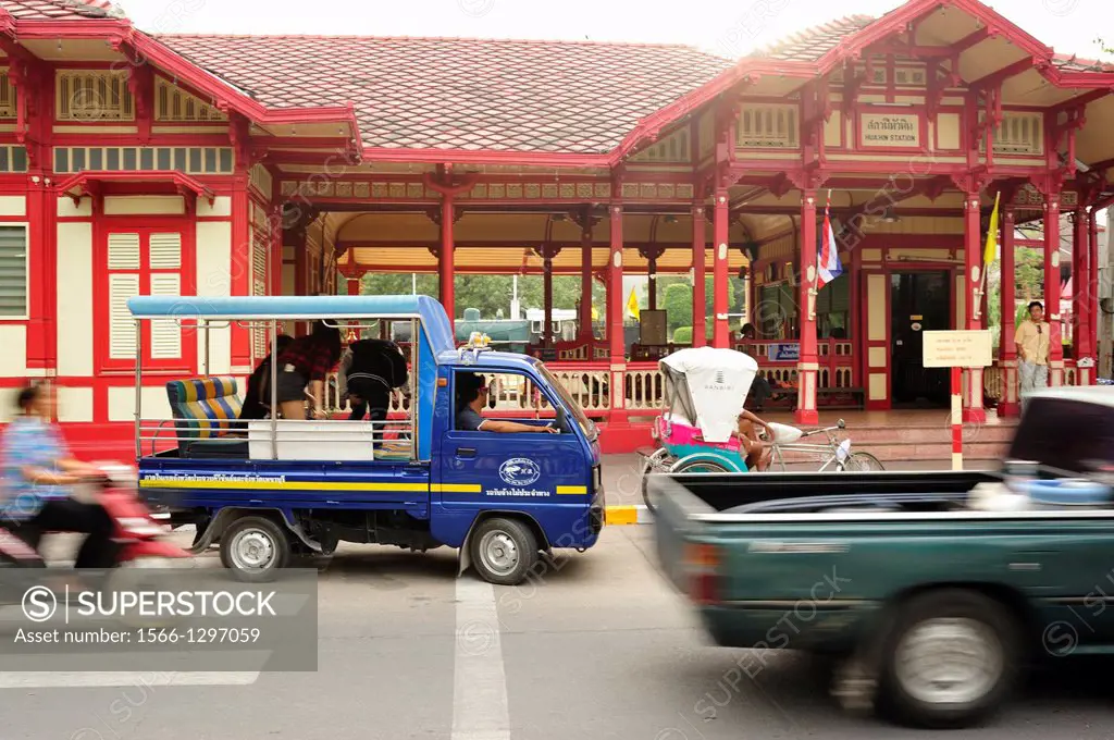 songthaew in front of Hua Hin Railway Station, Prachuap Khiri Khan Province, Thailand.