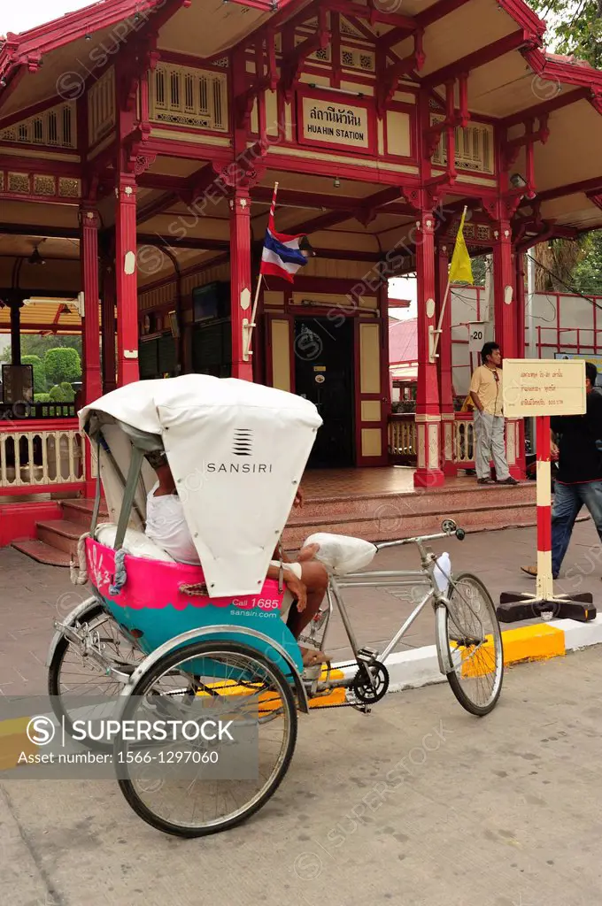 rickshaw in front of Hua Hin Railway Station, Prachuap Khiri Khan Province, Thailand.