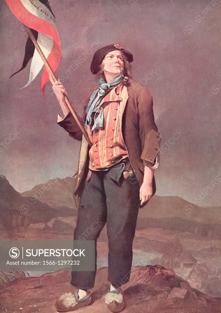 The French singer Chenard in the costume of a Sans-Culotte, flag bearer at the Festival of Liberty de la Savoie, 14th October 1792. After the painitng...