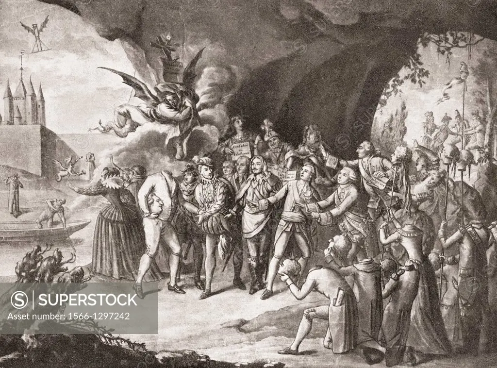 French Revolutionary engraving showing Louis XVI arriving in hell. From a contemporary print.