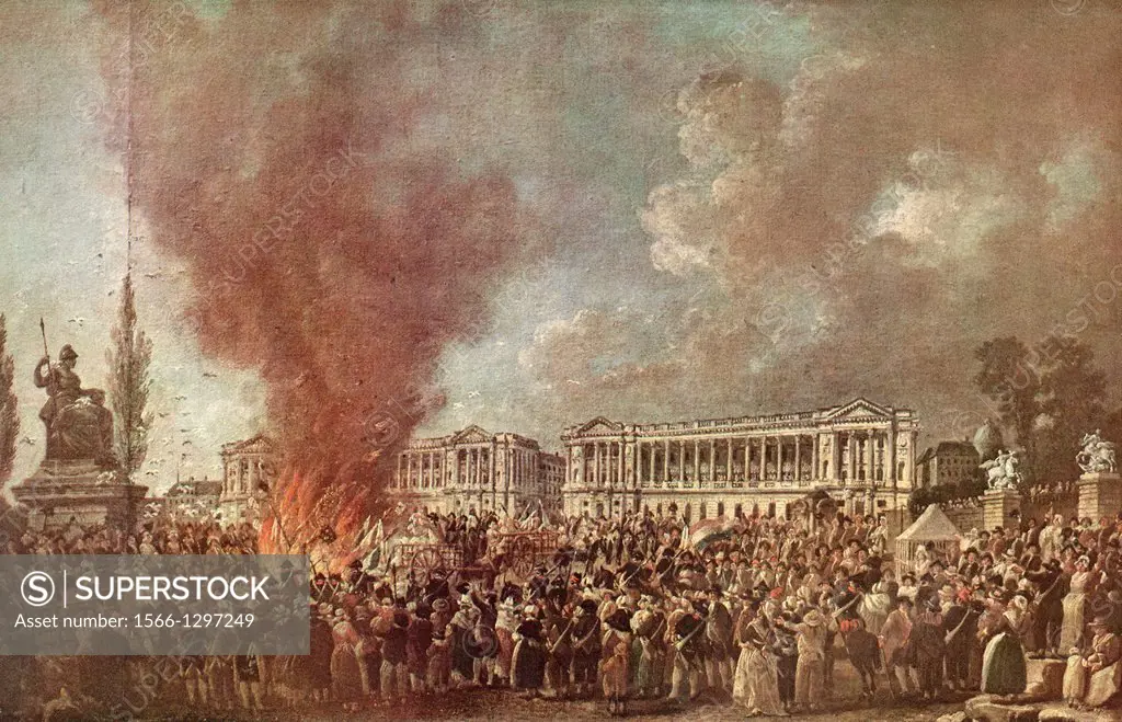 The Festival of Regeneration or Unity and Indivisibility, 10 August, 1793. The emblems of tyranny solemnly burned before the statue of liberty in Plac...
