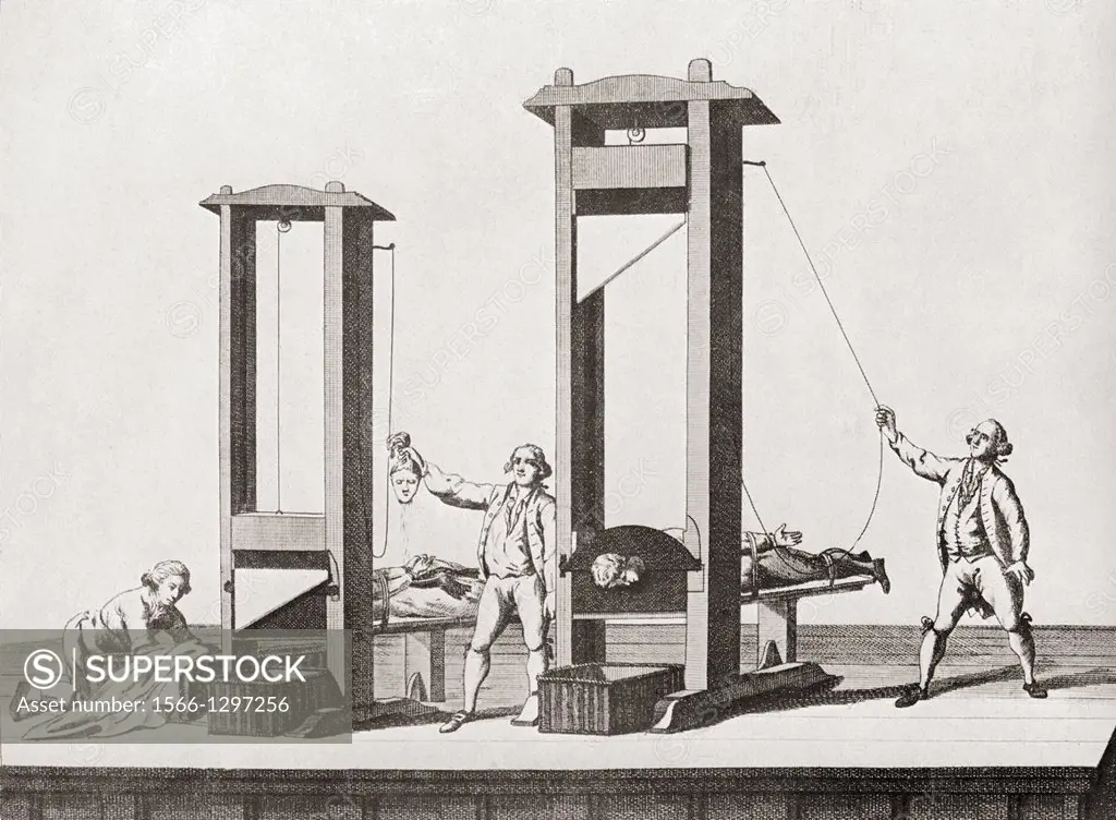 Two guillotines from the time of the French Revolution. From a contemporary print.