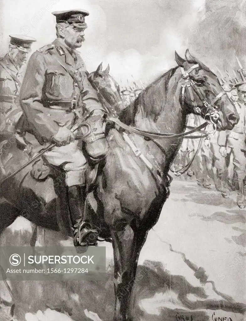 Lord Kitchener inspecting part of Kitchener´s Army, after the drawing by Cyrus Cunco. Field Marshal Horatio Herbert Kitchener, 1st Earl Kitchener, 185...