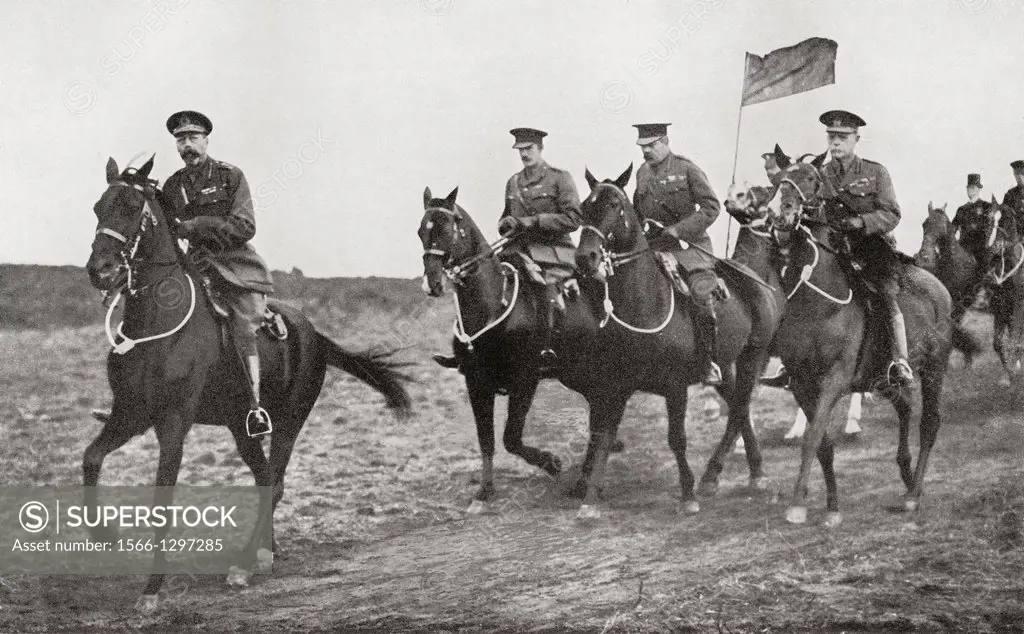 King George V and Lord Kitchener arriving at the parade ground near Aldershot for an inspection of Irish Soldiers. Field Marshal Horatio Herbert Kitch...