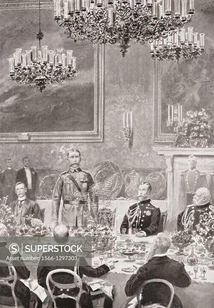 Lord Kitchener replying to the toast of his health at the banquet at St. James´s Palace, London, England, July 12, 1902 held to celebrate his homecomi...