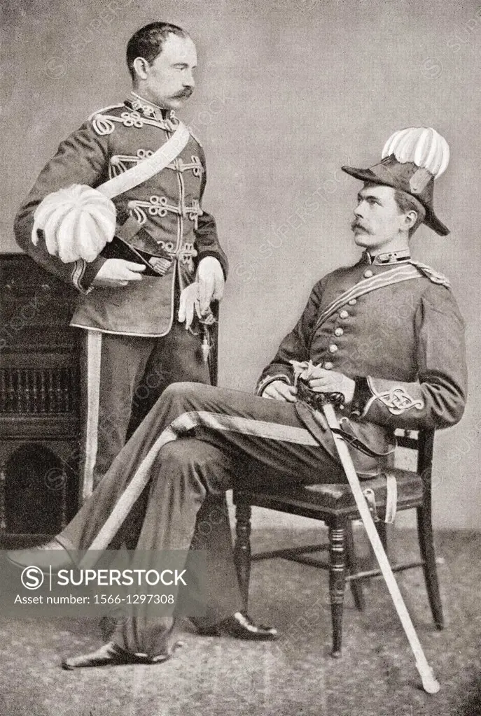 Lord Kitchener, seated, and his eldest brother, Colonel Henry Elliott Chevallier Kitchener, 2nd Earl Kitchener, 1846 -  1937. British soldier and peer...